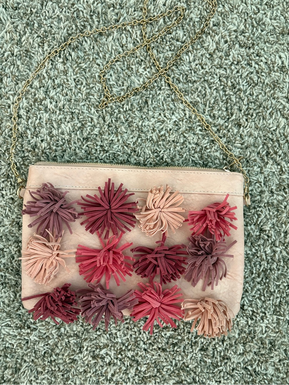 Blush Suede Floral Tassel Crossbody Bag with Gold Chain